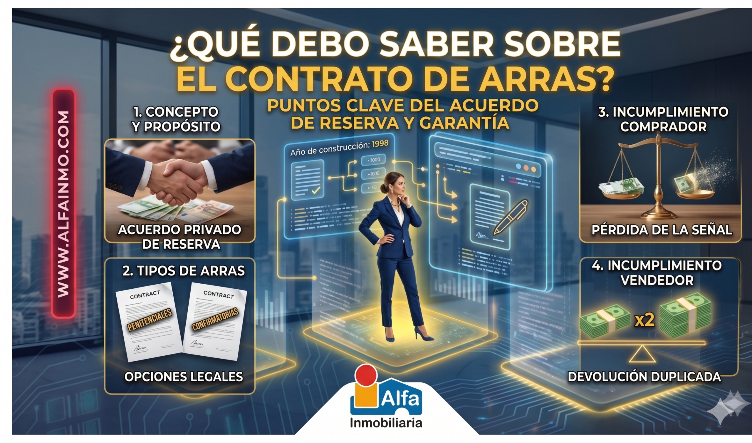 Infografía de Alfa Inmobiliaria que explica qué es el contrato de arras, sus tipos (penitenciales y confirmatorias) y las consecuencias económicas si el comprador o vendedor se echan atrás.