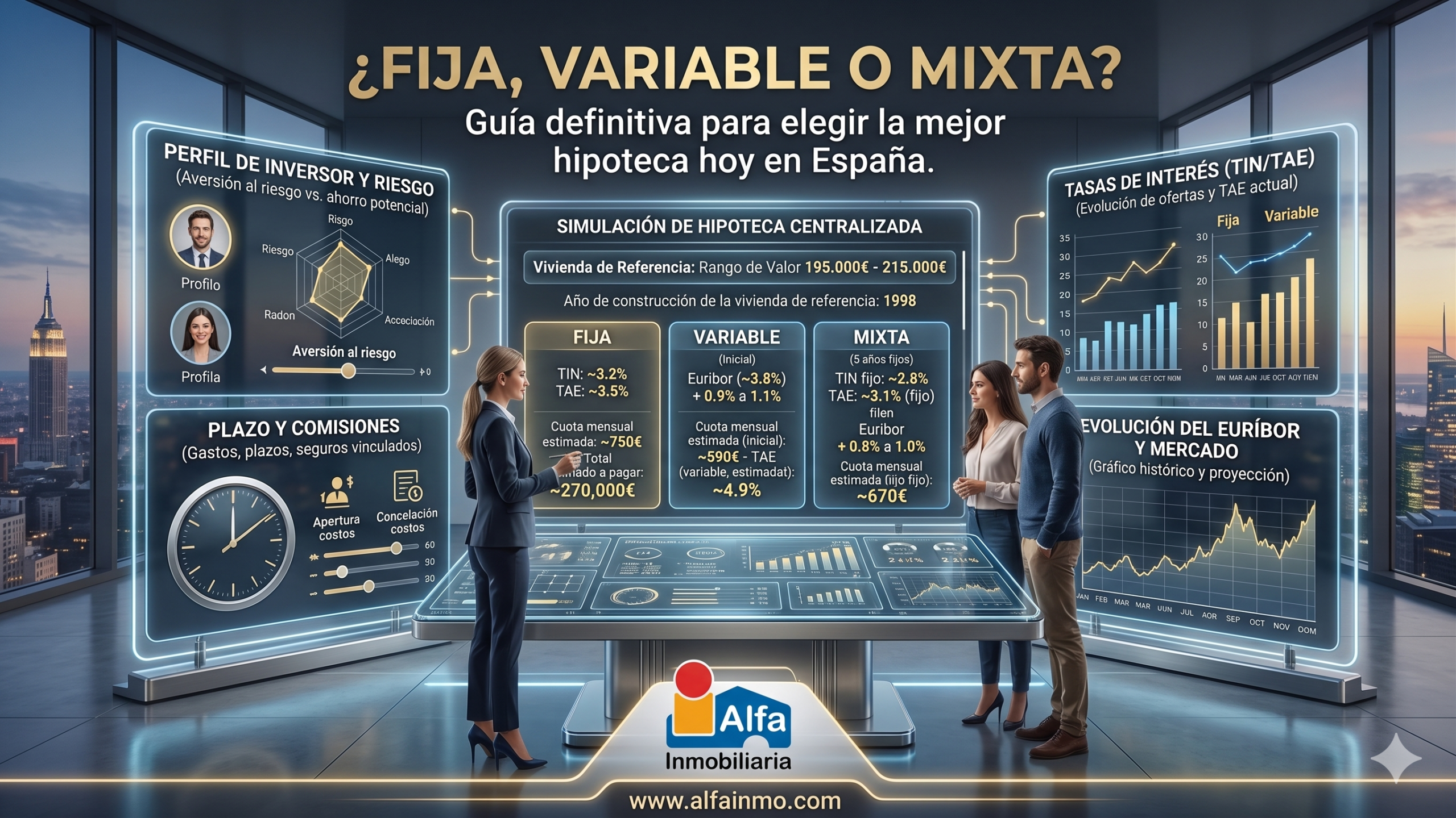 Infografía comparativa de Alfa Inmobiliaria para elegir hipotecas en España. Muestra una matriz de decisión entre el interés fijo (seguridad), variable (riesgo/oportunidad) y mixto (equilibrio) según el perfil financiero del comprador y las condiciones del mercado actual.