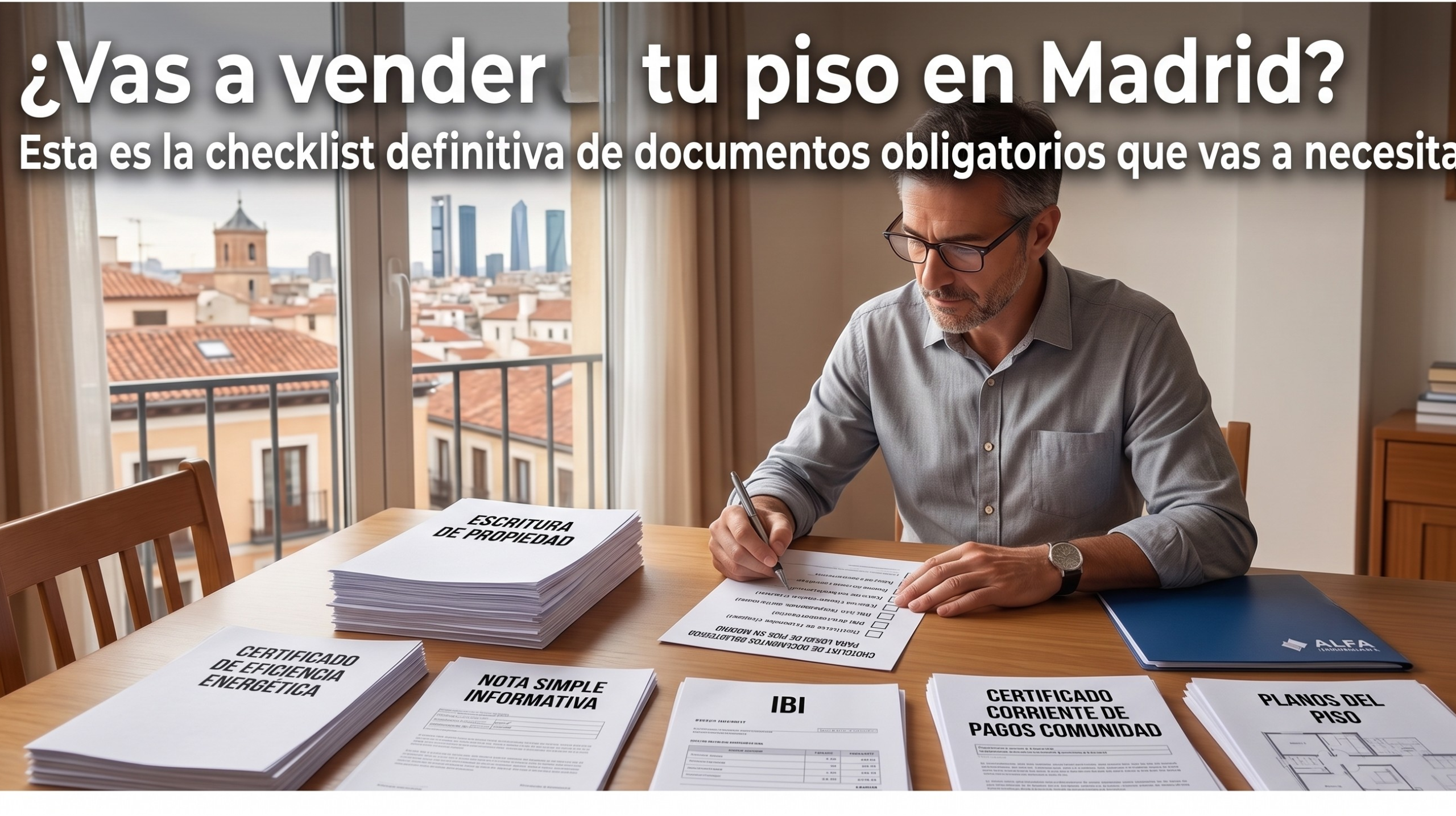 Infografía detallada con la lista de verificación de documentos obligatorios para vender un piso en Madrid, incluyendo nota simple y certificado energético.